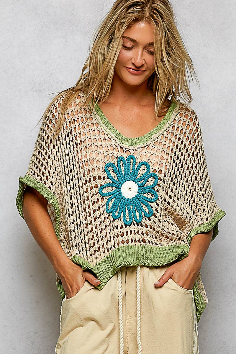 Round Neck Sleeveless Floral Thin Sweater Top