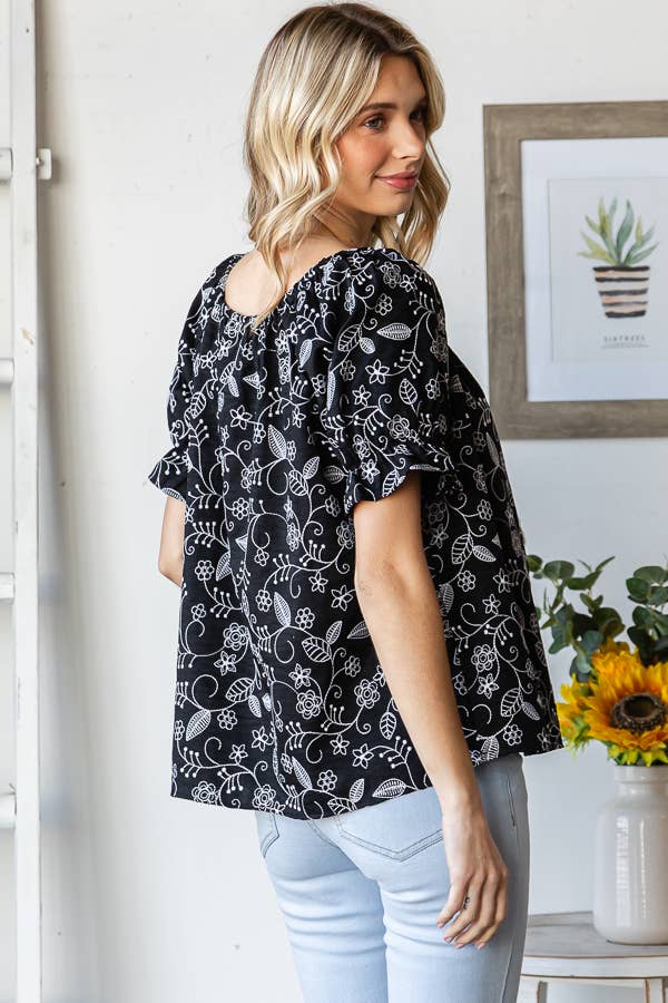 Floral Off Shoulder Puff Ruffle Sleeve Blouse T5895
