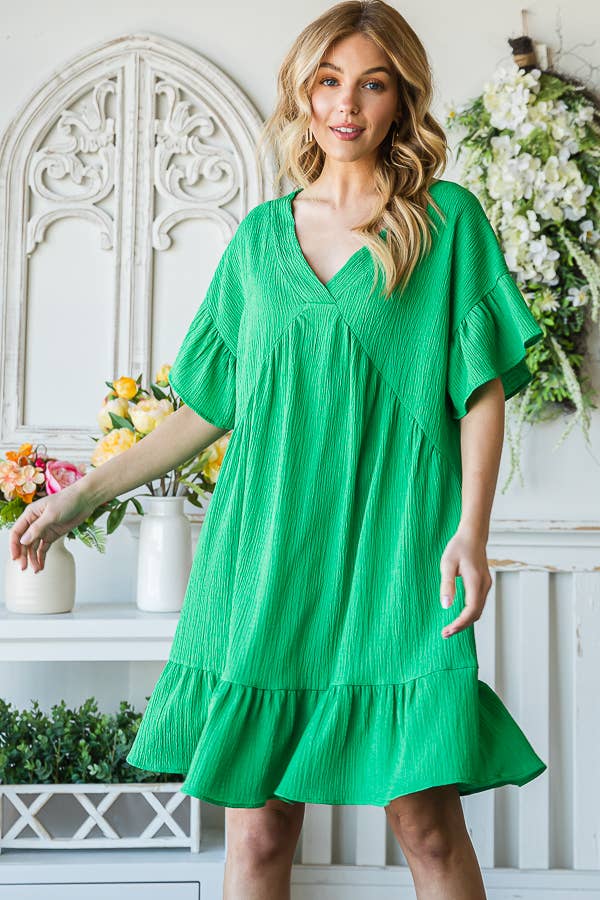 Flowy Crinkle V-Neck Short Sleeve Ruffle Hem Dress D5146