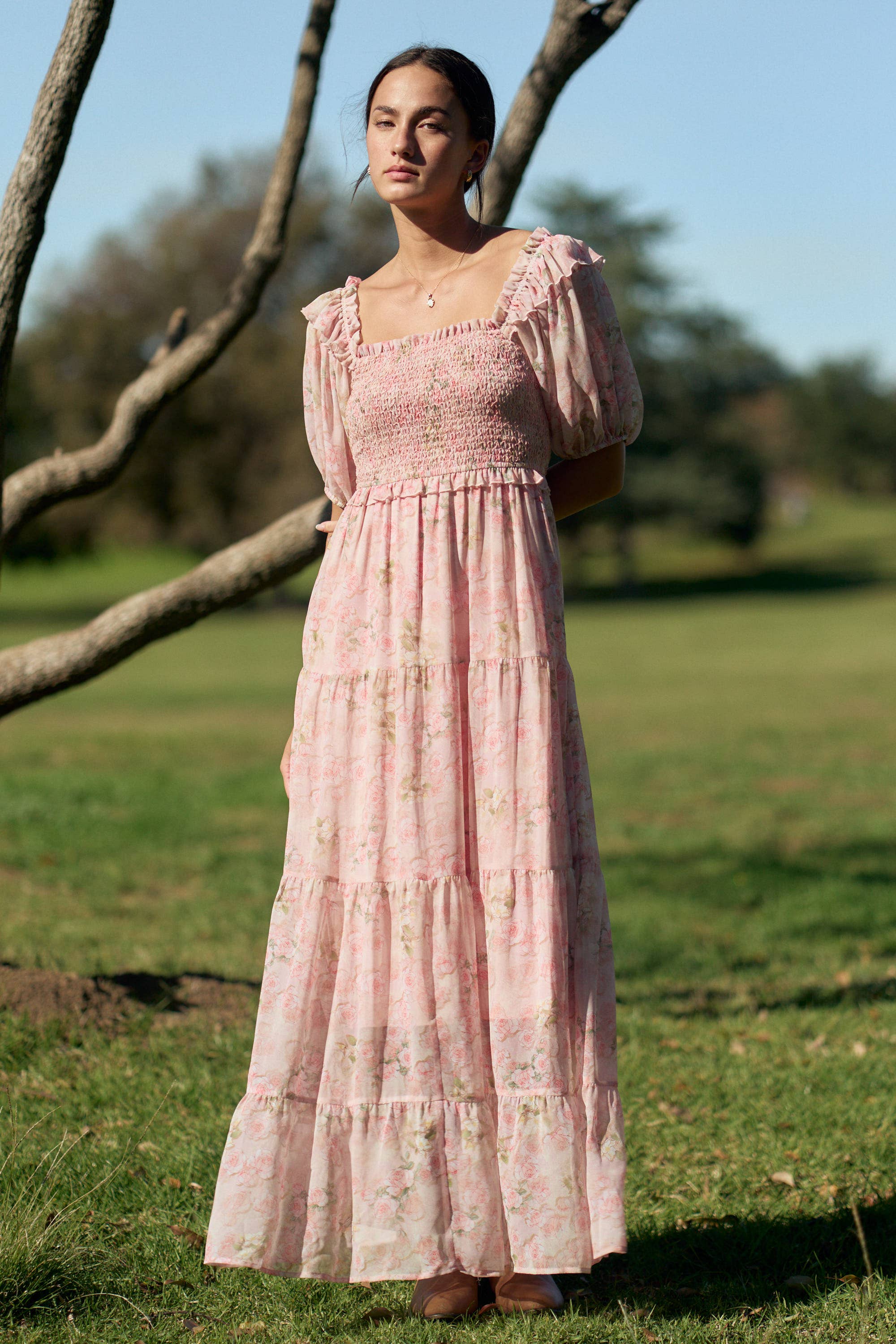 SMOCKED SQUARE NECK TIERED FLORAL MAXI DRESS