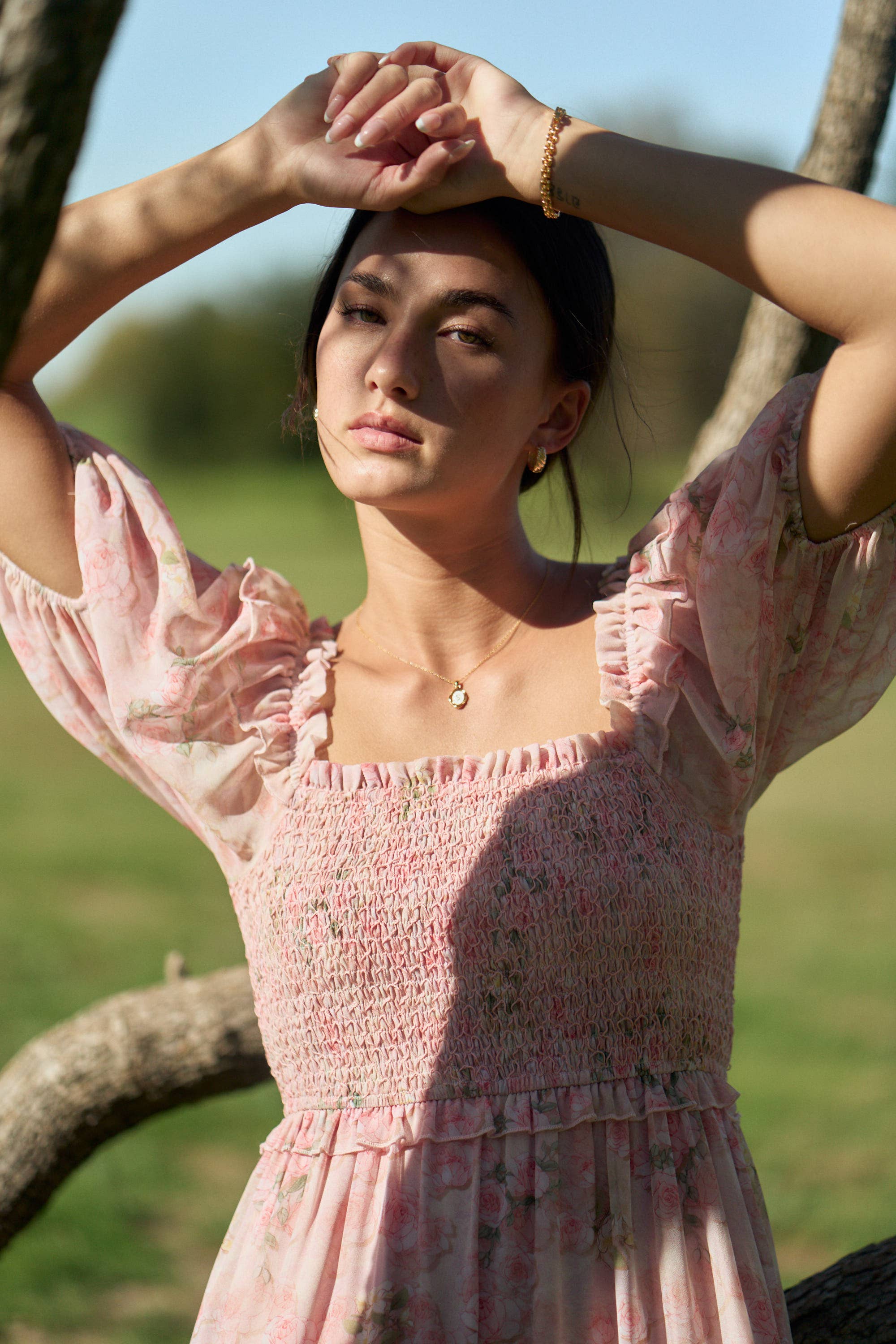 SMOCKED SQUARE NECK TIERED FLORAL MAXI DRESS