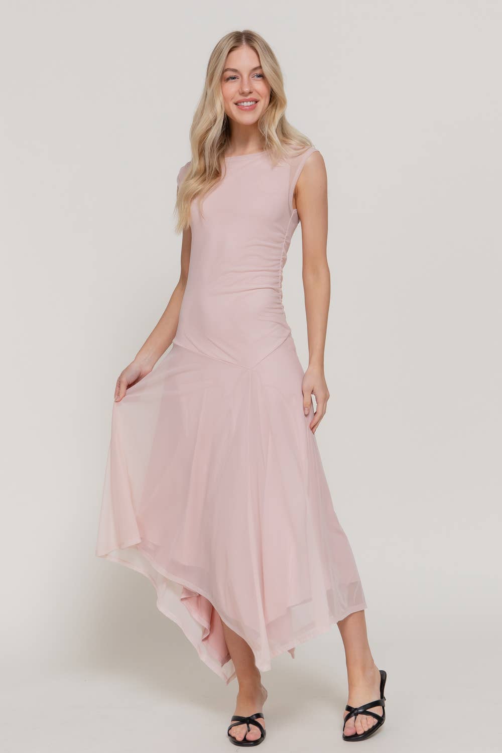 ...0106 Sleeveless Asymmetric Mesh Midi Dress SI-29299