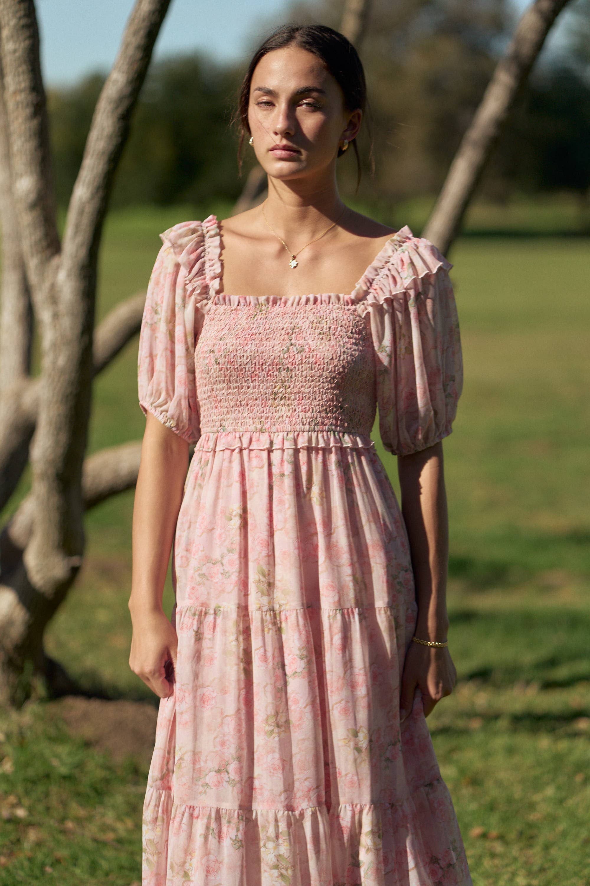 SMOCKED SQUARE NECK TIERED FLORAL MAXI DRESS