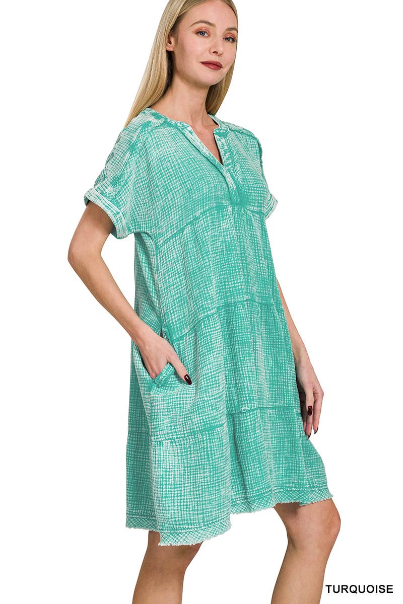 `.Washed Double Gauze Raw Edge Dress w/ Pockets