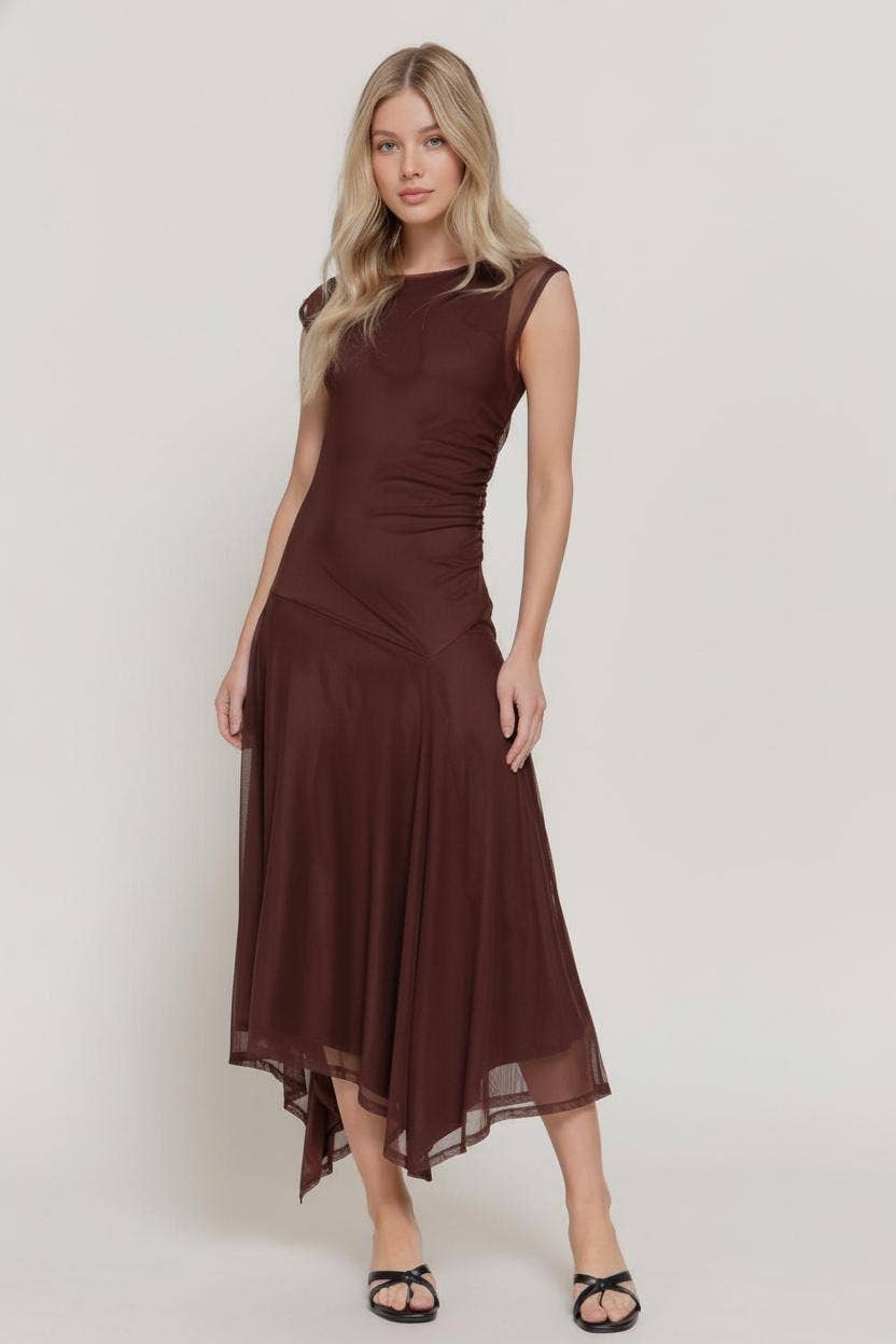 ...0106 Sleeveless Asymmetric Mesh Midi Dress SI-29299