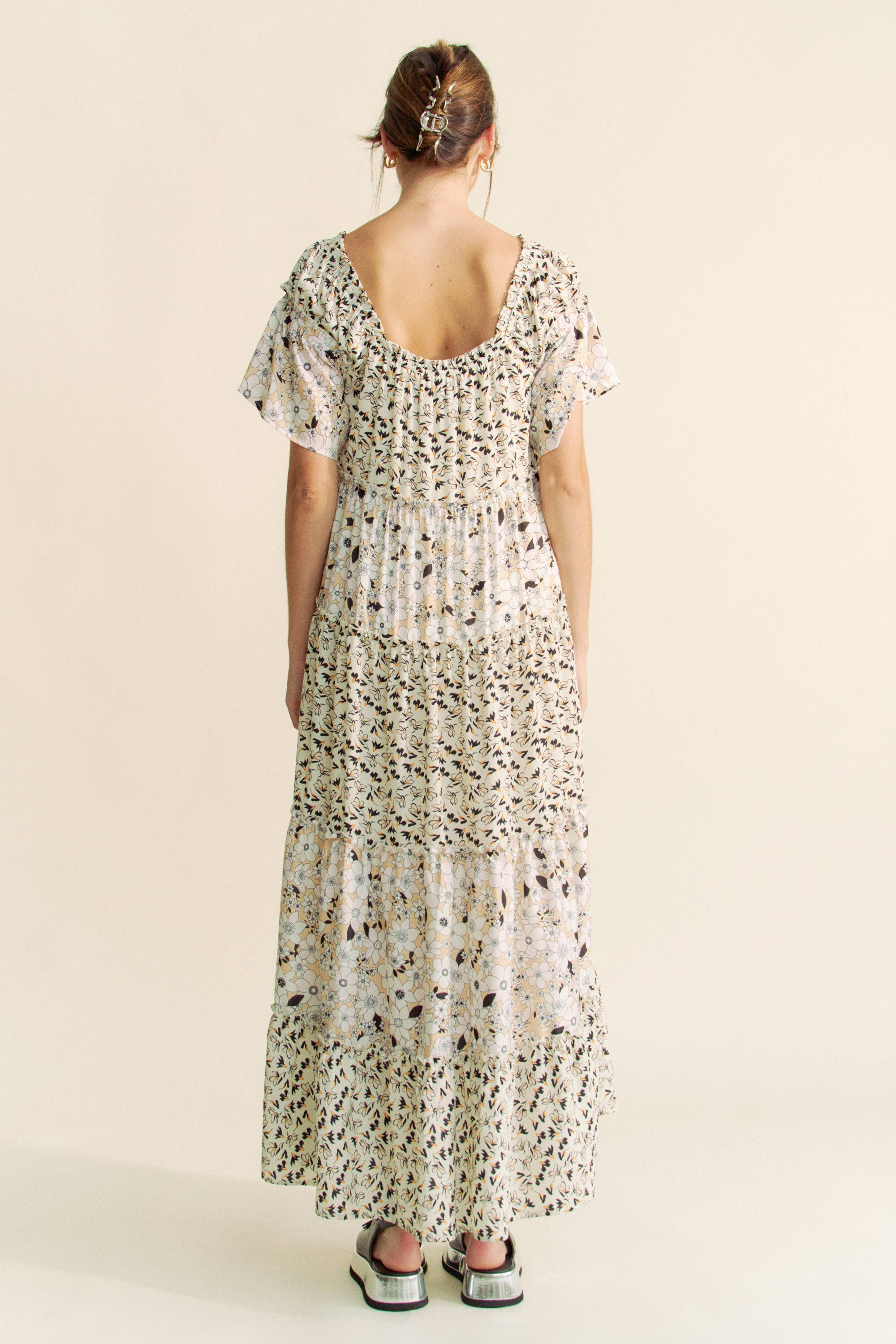 DD20523 - FLORAL MIXED RUFFLE DETAIL RUFFLE SLEEVE MIDIDRESS