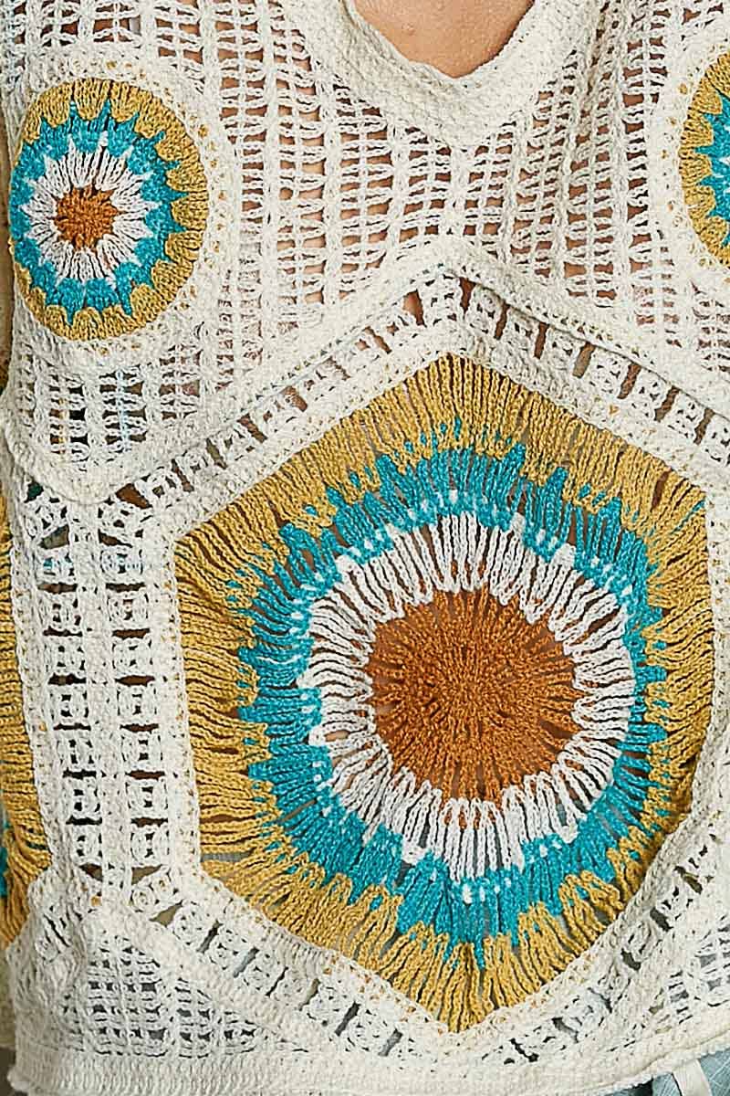 V-Neck Granny Circle Motif Scalloped Edge Crochet Top