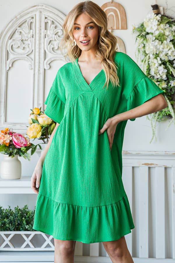 Flowy Crinkle V-Neck Short Sleeve Ruffle Hem Dress D5146