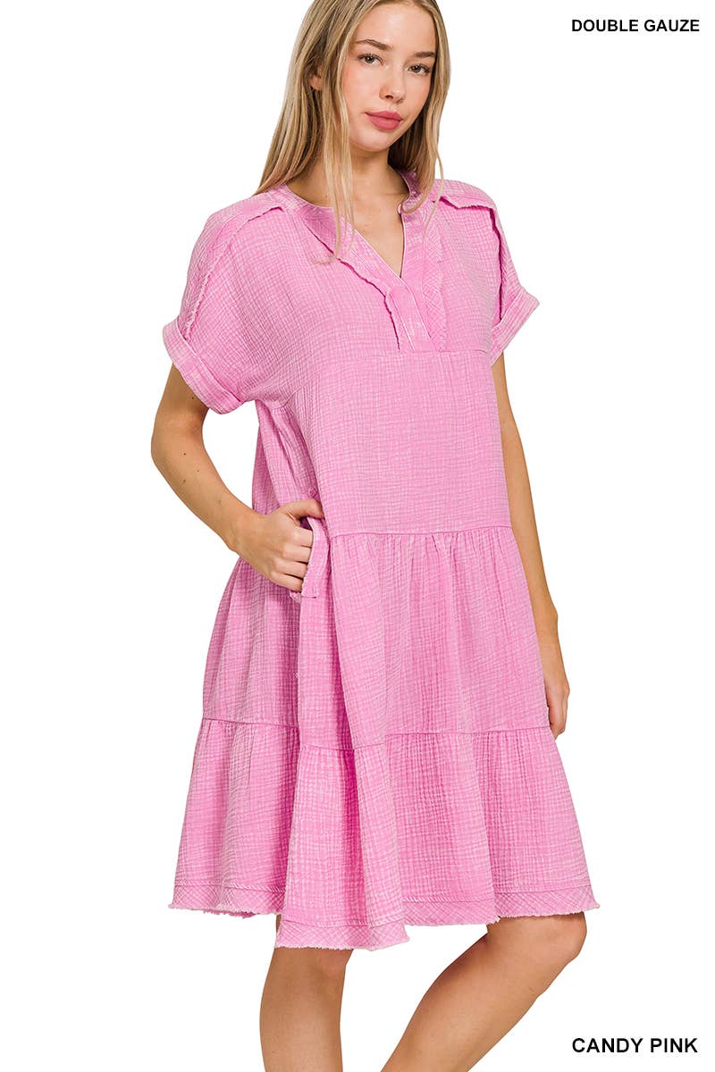 `.Washed Double Gauze Raw Edge Dress w/ Pockets