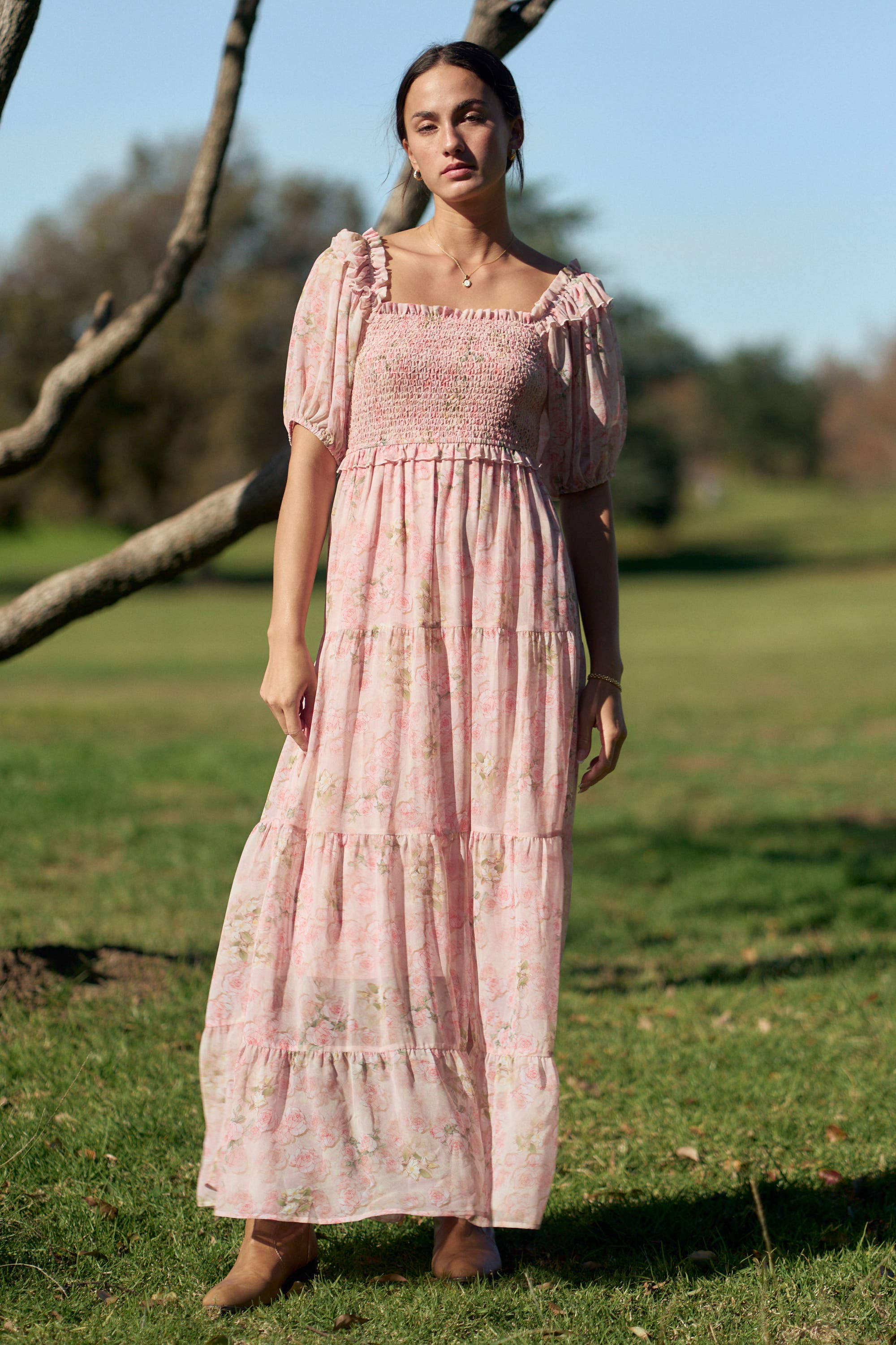 SMOCKED SQUARE NECK TIERED FLORAL MAXI DRESS