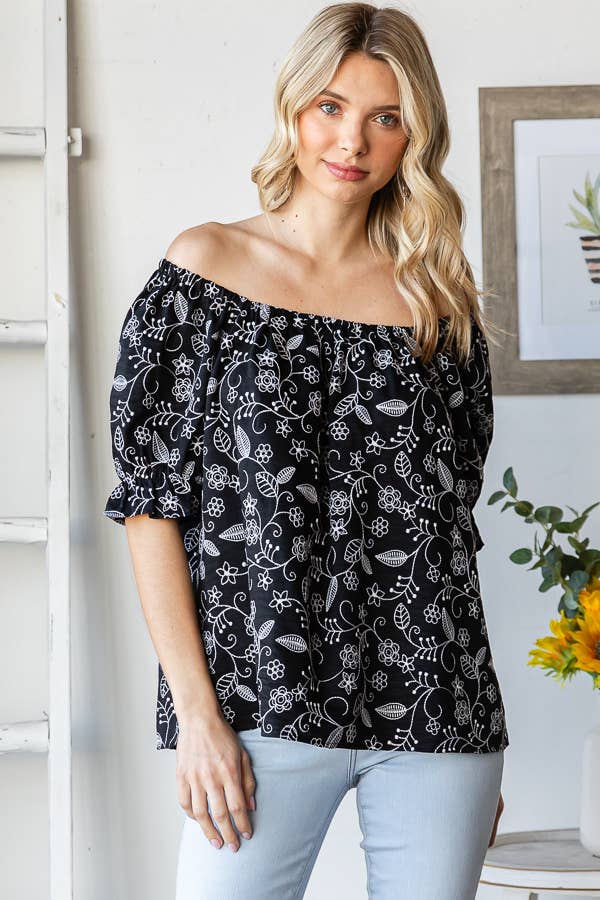 Floral Off Shoulder Puff Ruffle Sleeve Blouse T5895