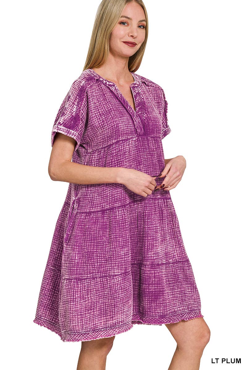 `.Washed Double Gauze Raw Edge Dress w/ Pockets