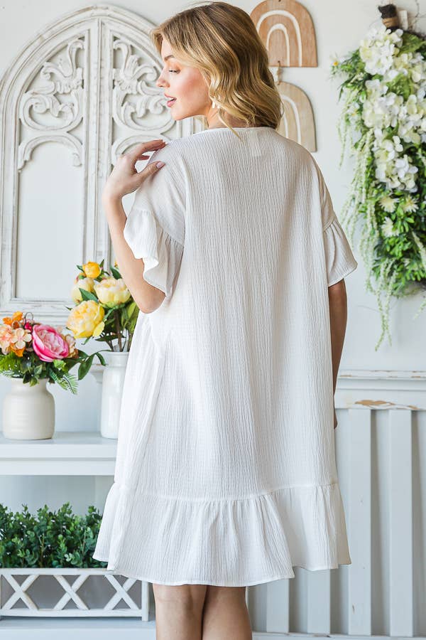 Flowy Crinkle V-Neck Short Sleeve Ruffle Hem Dress D5146
