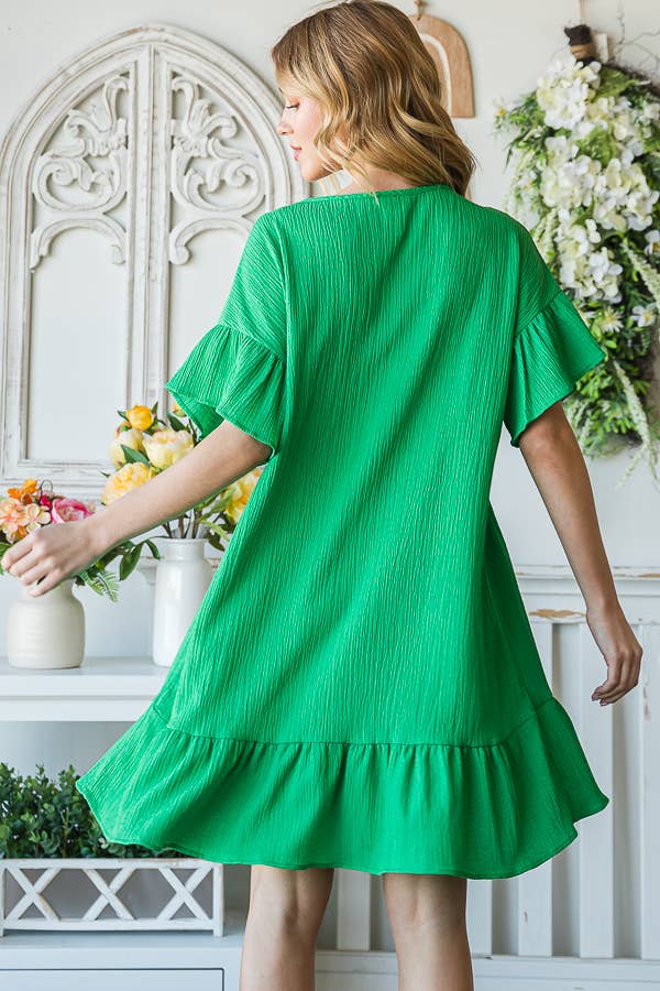 Flowy Crinkle V-Neck Short Sleeve Ruffle Hem Dress D5146