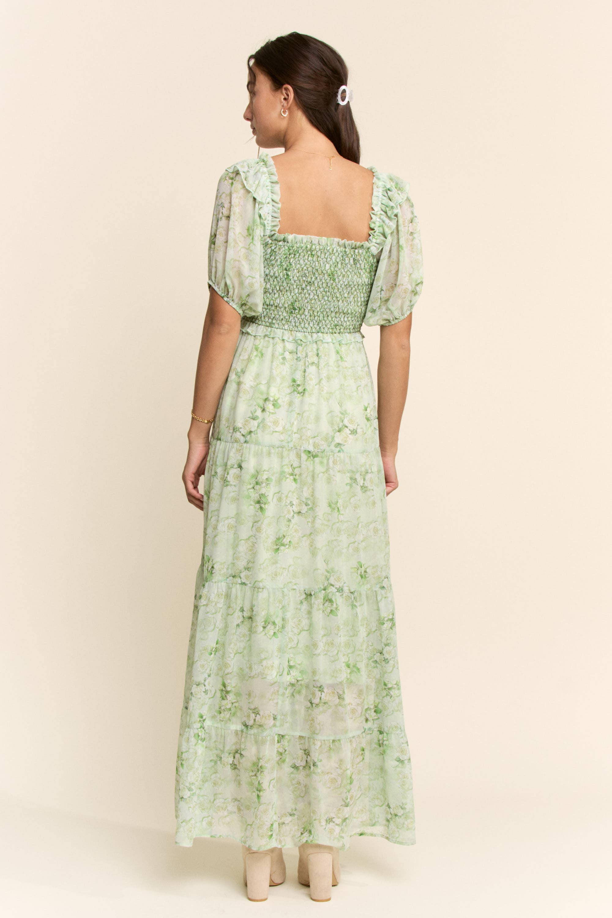 SMOCKED SQUARE NECK TIERED FLORAL MAXI DRESS
