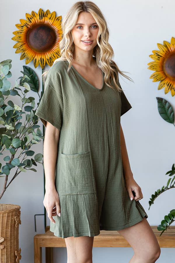 V-Neckline Pleated Detail Women's Romper R5538