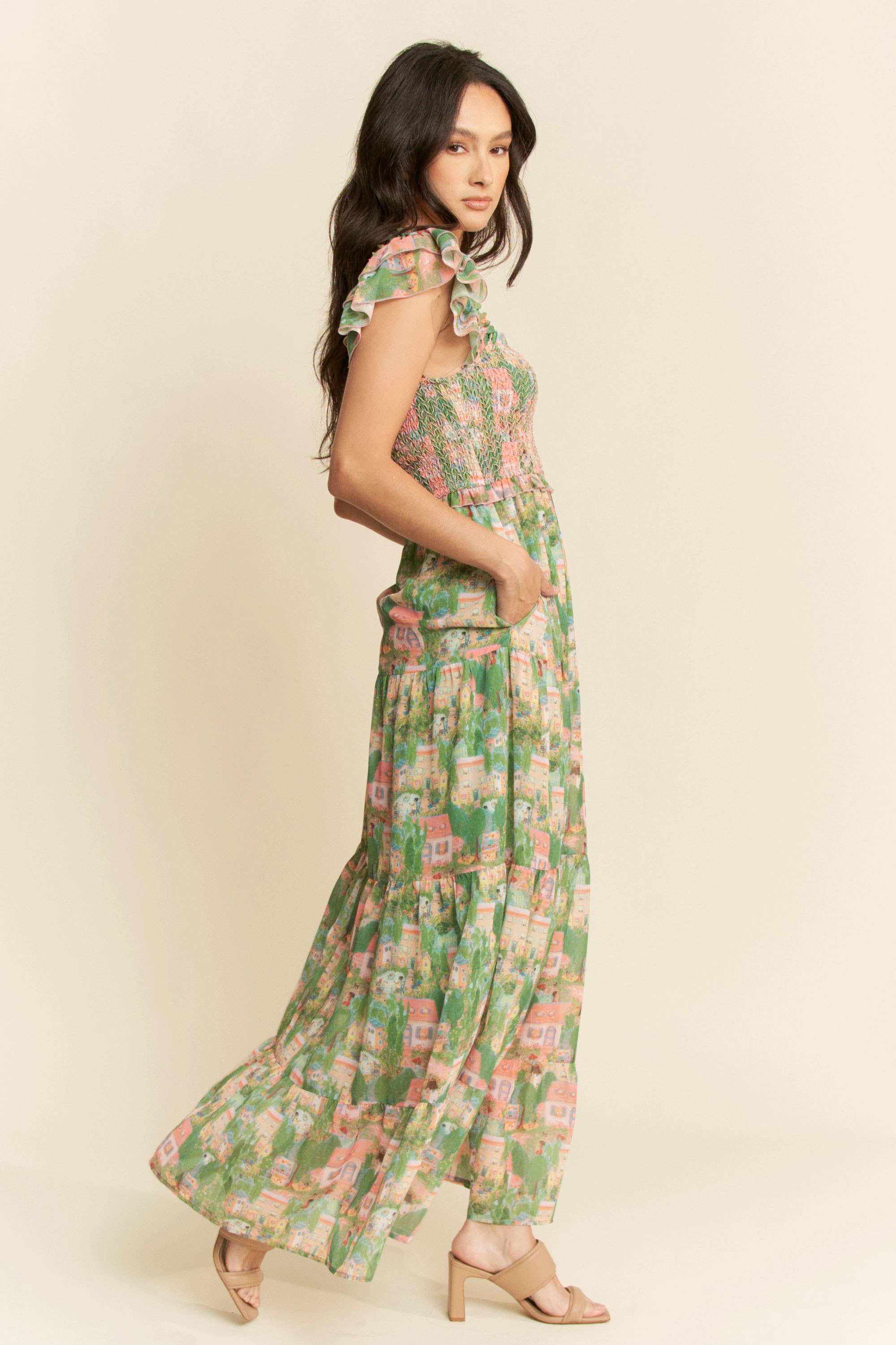 VILLAGE SMOCKING BODICE RUFFLE SLEEVE MAXI DRESS