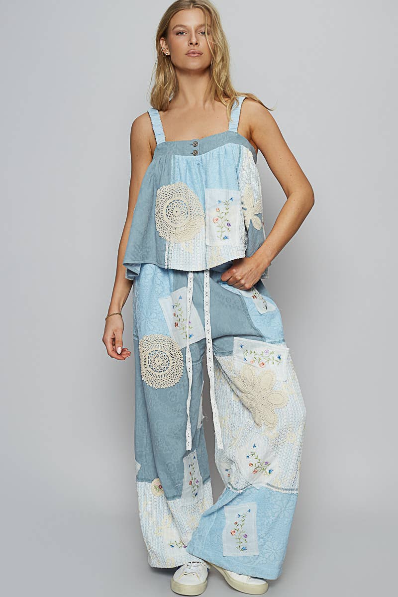 Solid Lace Patch Detail Woven Pants