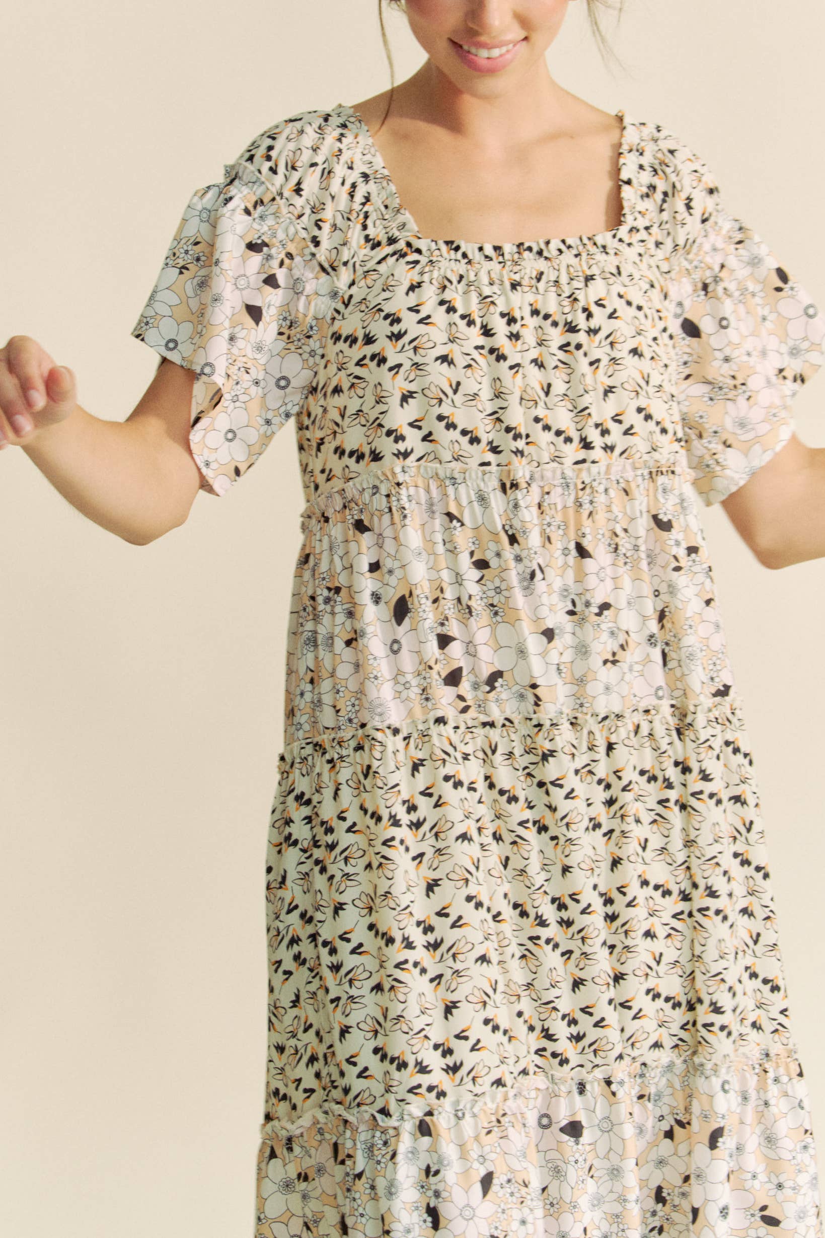 DD20523 - FLORAL MIXED RUFFLE DETAIL RUFFLE SLEEVE MIDIDRESS