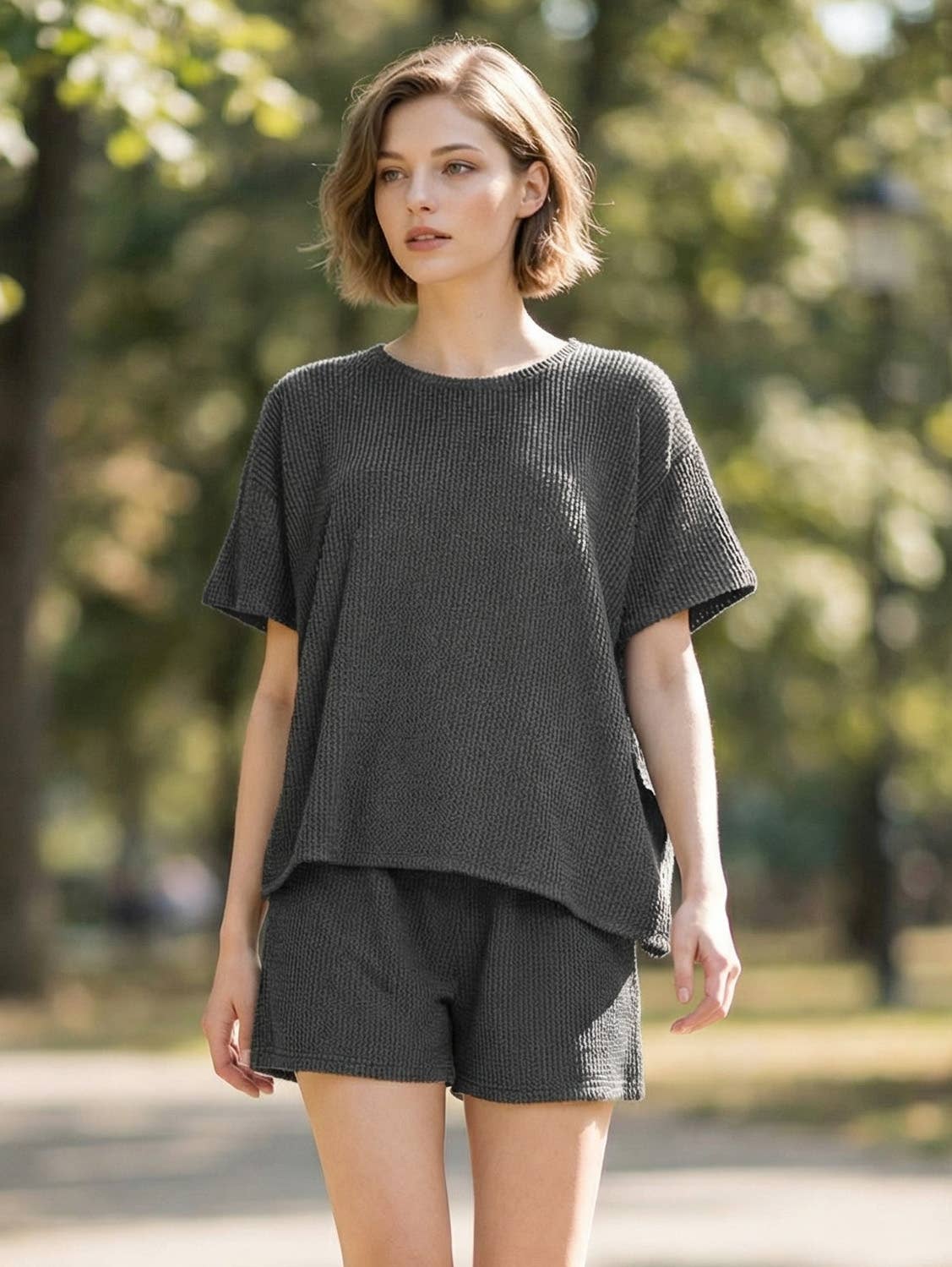 `.Corded Rib Tee & Shorts 2pc Set