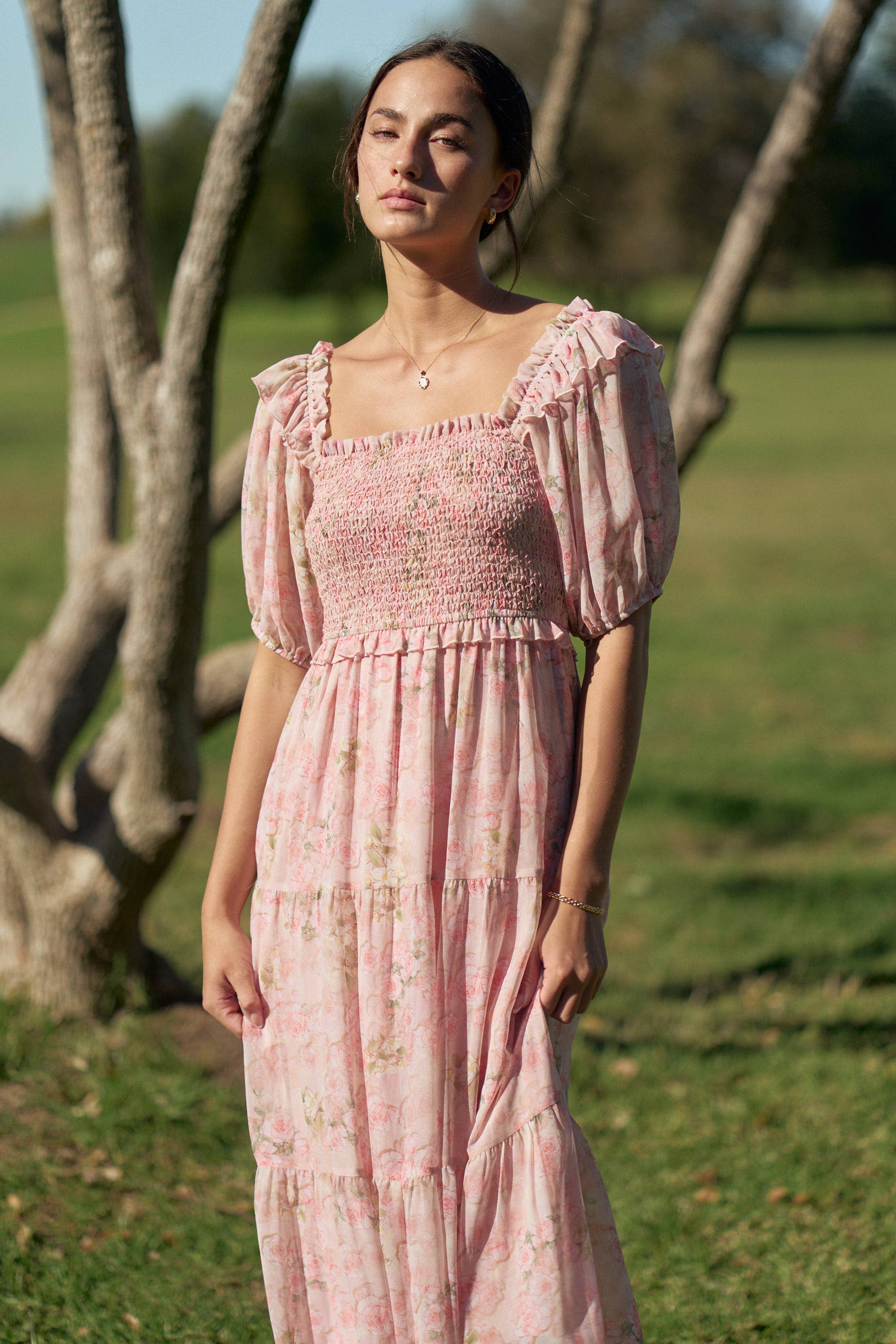 SMOCKED SQUARE NECK TIERED FLORAL MAXI DRESS