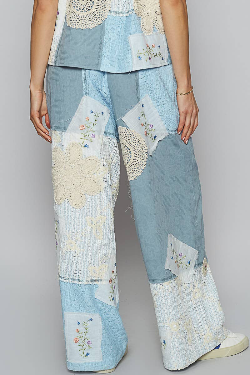 Solid Lace Patch Detail Woven Pants