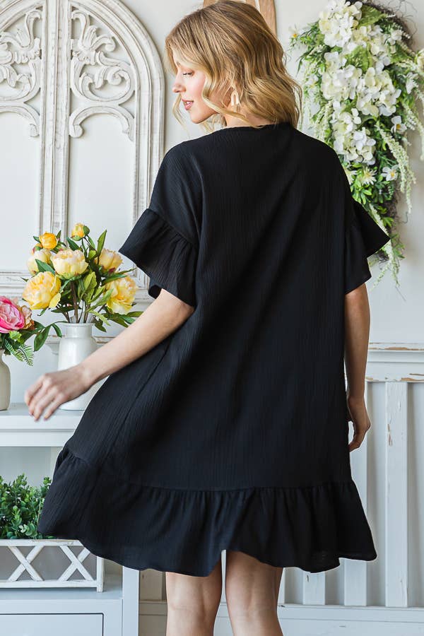 Flowy Crinkle V-Neck Short Sleeve Ruffle Hem Dress D5146