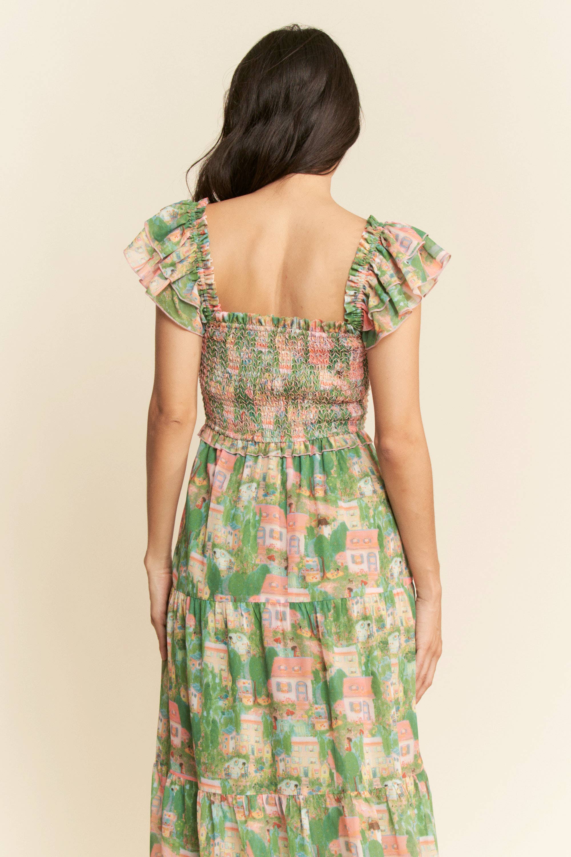 VILLAGE SMOCKING BODICE RUFFLE SLEEVE MAXI DRESS