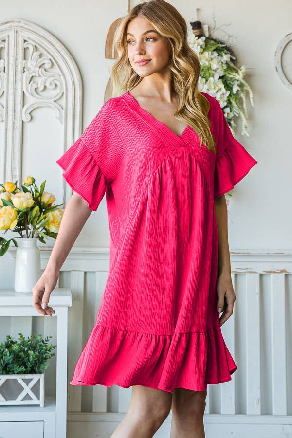 Flowy Crinkle V-Neck Short Sleeve Ruffle Hem Dress D5146