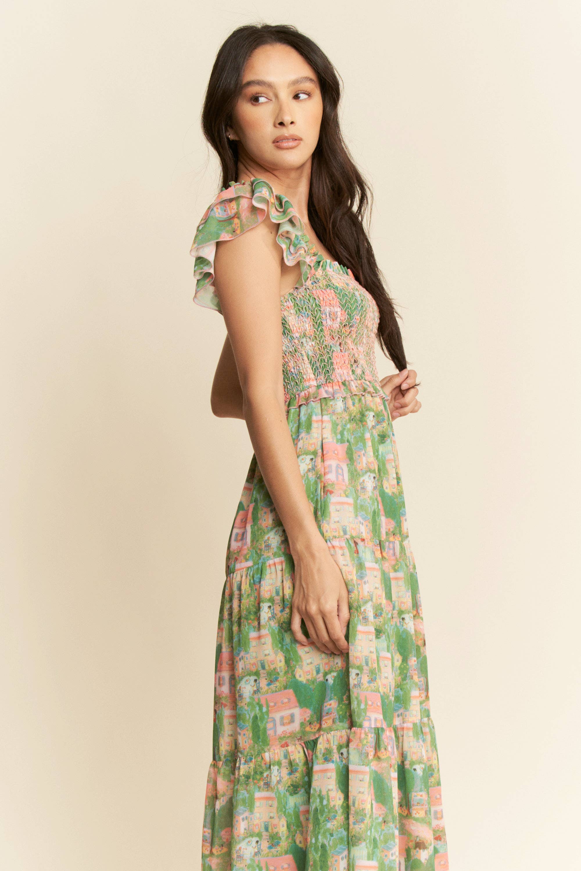 VILLAGE SMOCKING BODICE RUFFLE SLEEVE MAXI DRESS