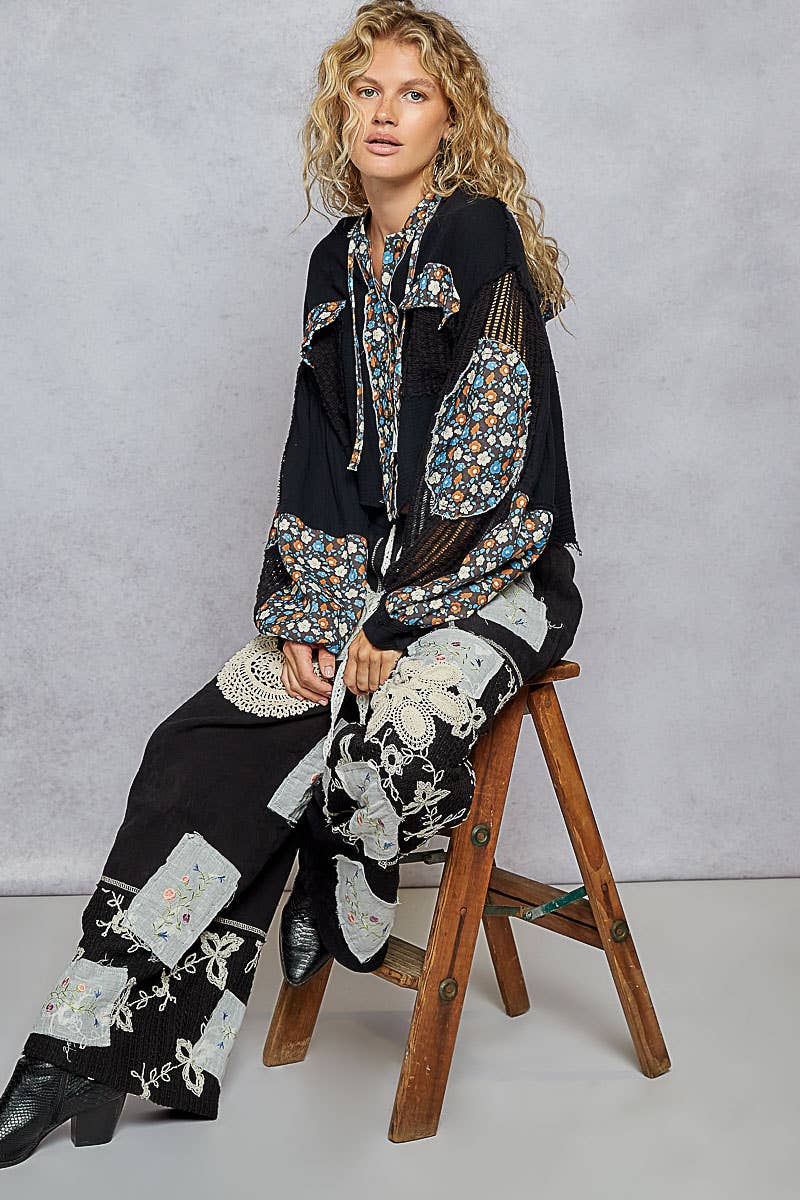 Solid Lace Patch Detail Woven Pants