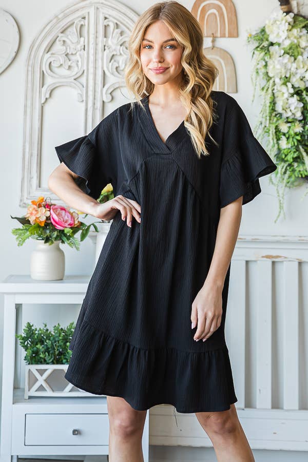 Flowy Crinkle V-Neck Short Sleeve Ruffle Hem Dress D5146