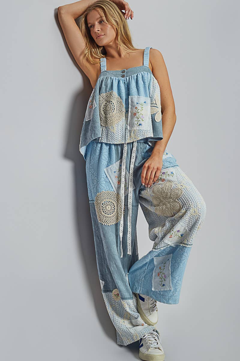 Solid Lace Patch Detail Woven Pants