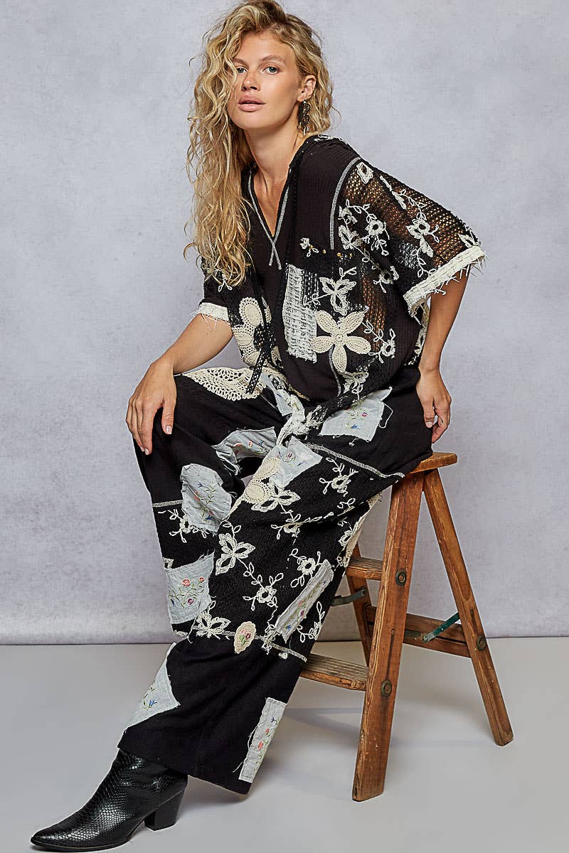 Solid Lace Patch Detail Woven Pants