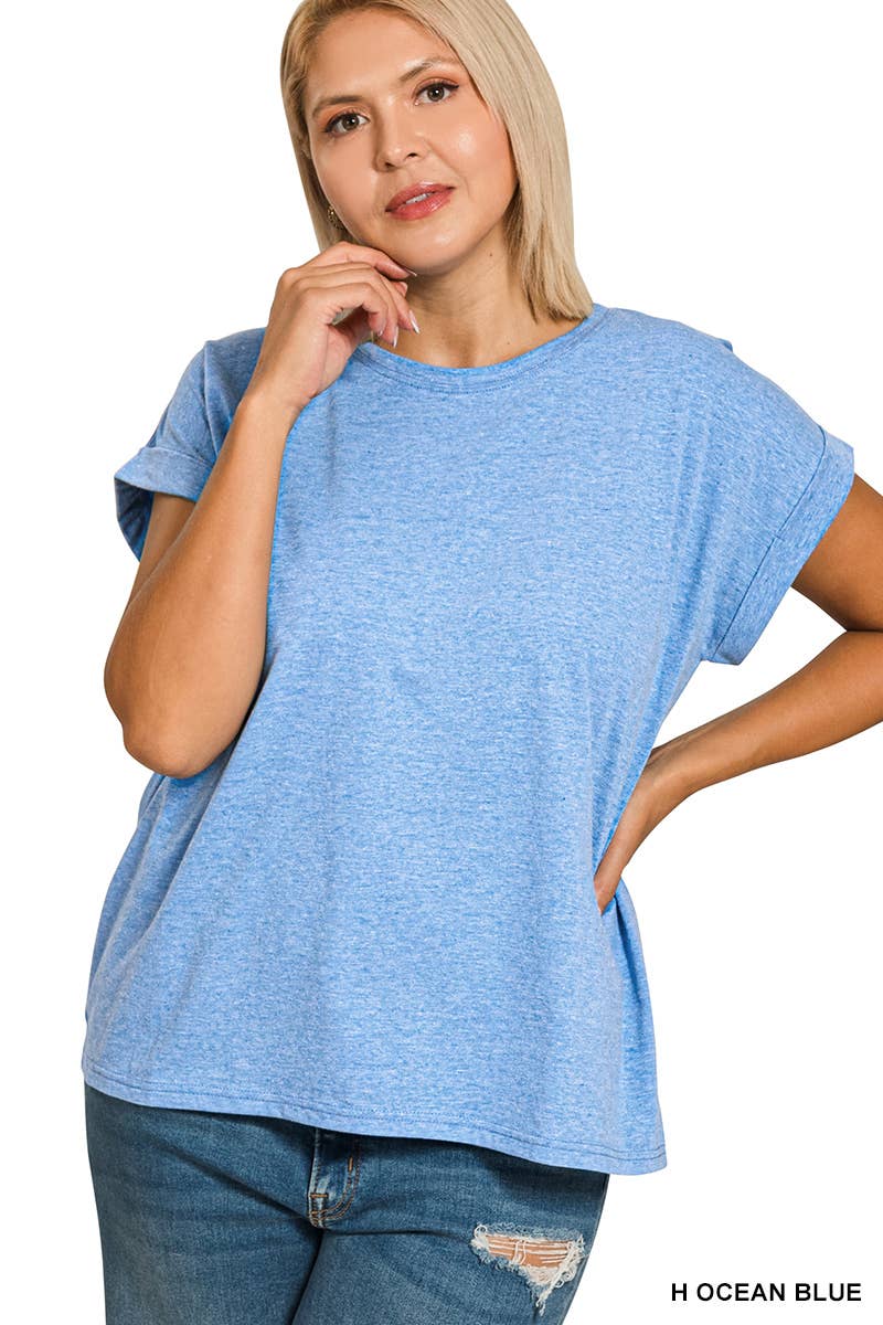 ._ 1016 Plus Round Neck Folded Short Sleeve T Shirt SI-27019