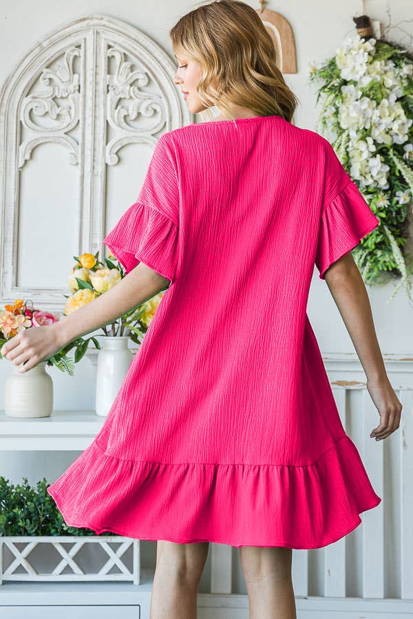 Flowy Crinkle V-Neck Short Sleeve Ruffle Hem Dress D5146