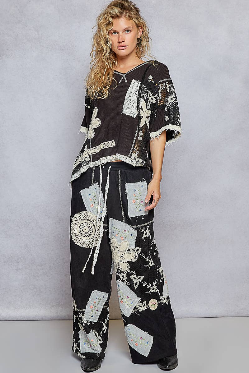 Solid Lace Patch Detail Woven Pants