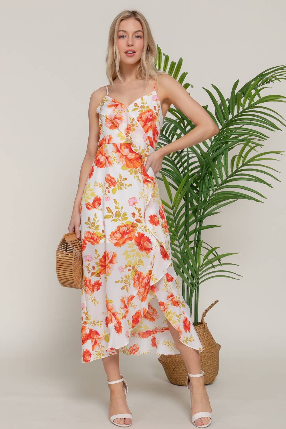 .0109 Floral Print Ruffle Slip Midi Dress SI-27939