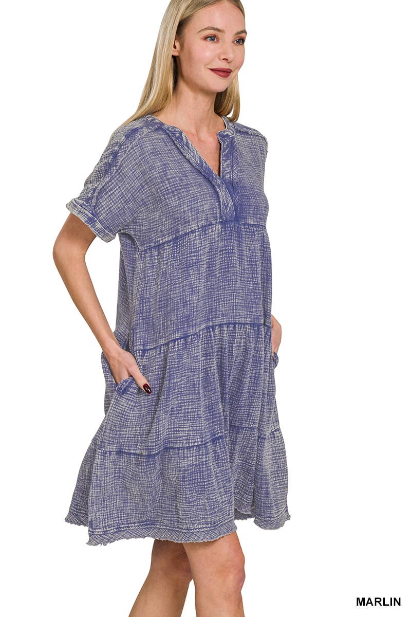 `.Washed Double Gauze Raw Edge Dress w/ Pockets