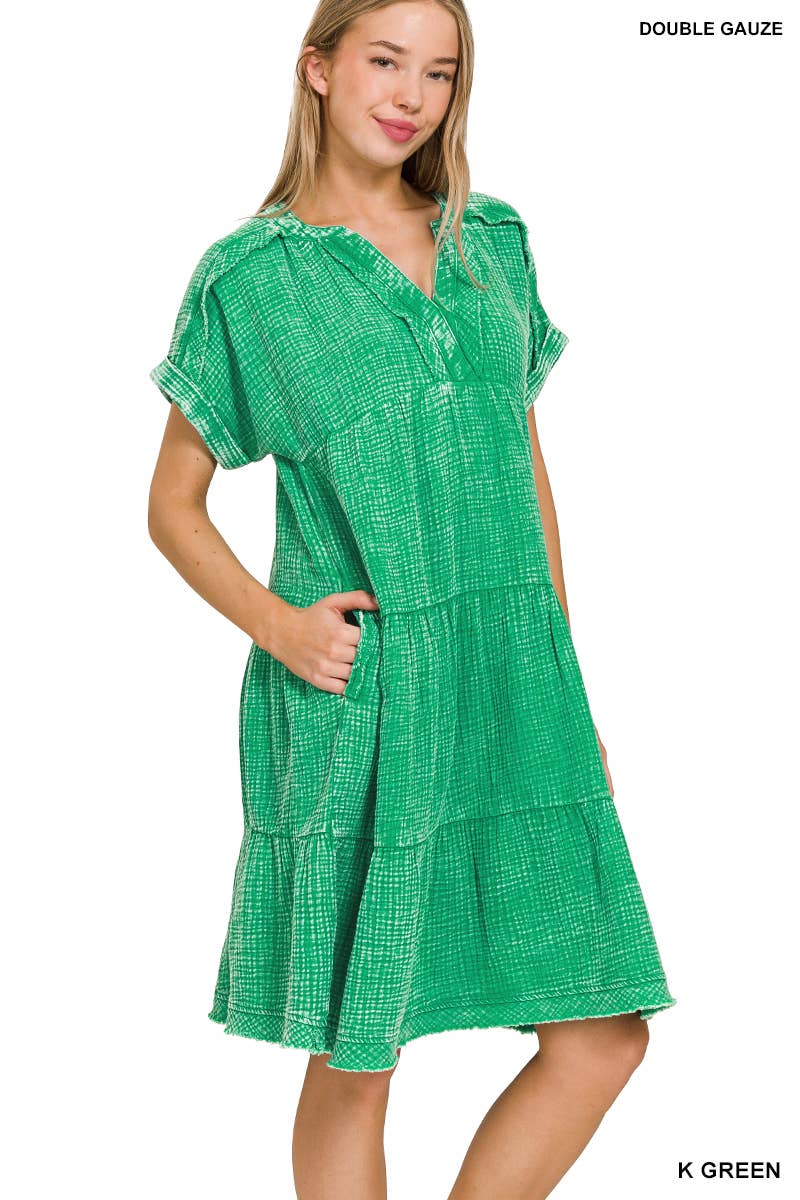 `.Washed Double Gauze Raw Edge Dress w/ Pockets
