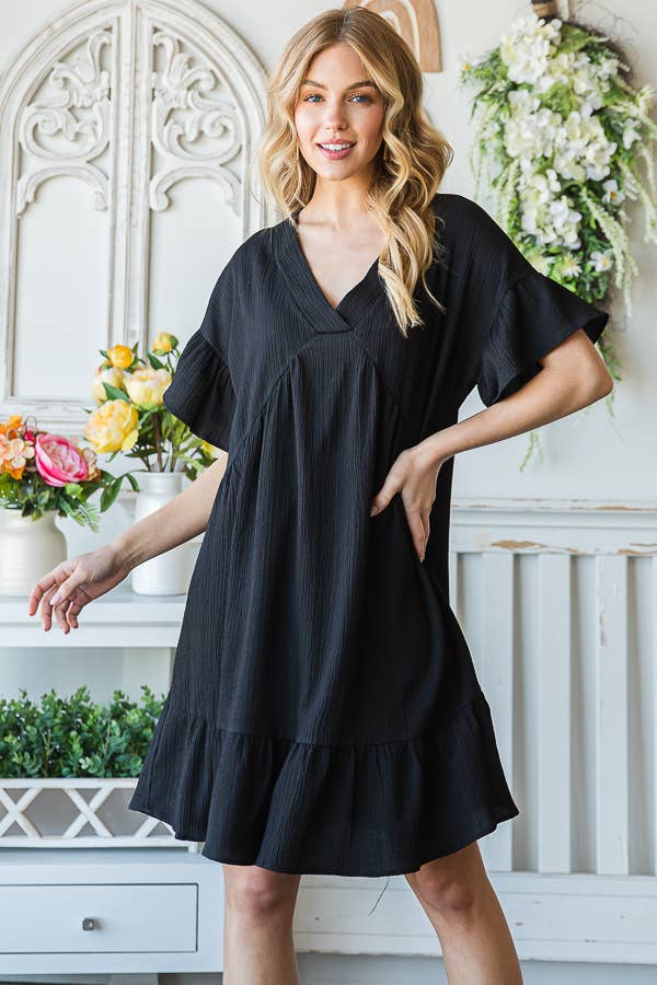 Flowy Crinkle V-Neck Short Sleeve Ruffle Hem Dress D5146