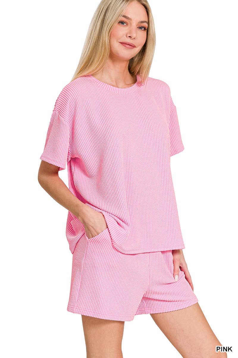 `.Corded Rib Tee & Shorts 2pc Set