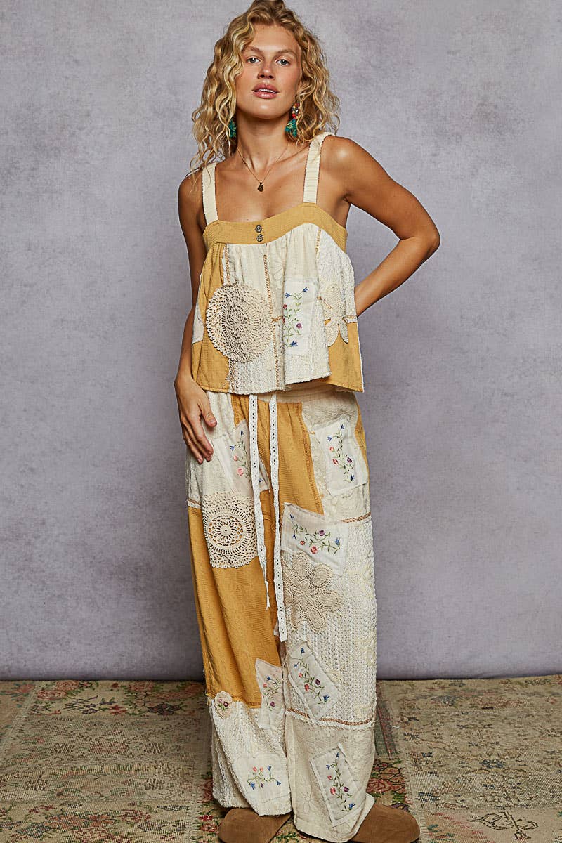 Solid Lace Patch Detail Woven Pants