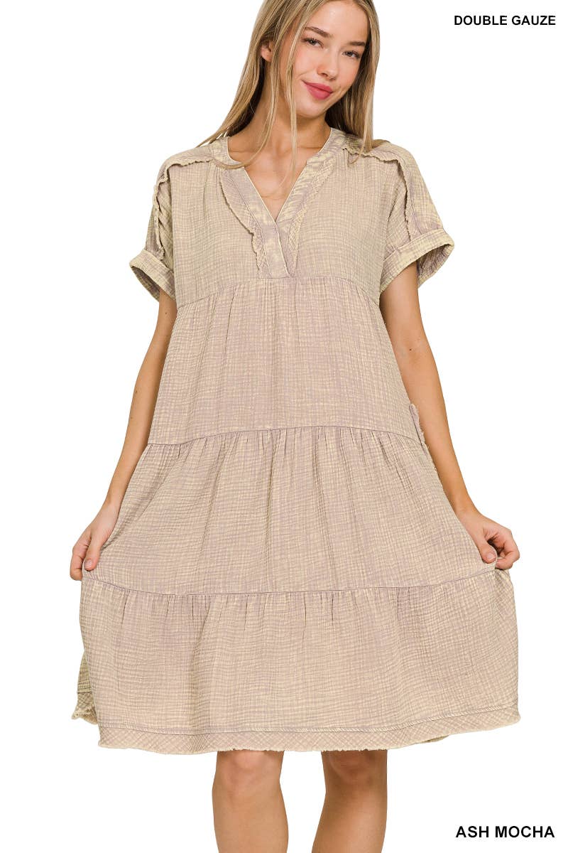 `.Washed Double Gauze Raw Edge Dress w/ Pockets