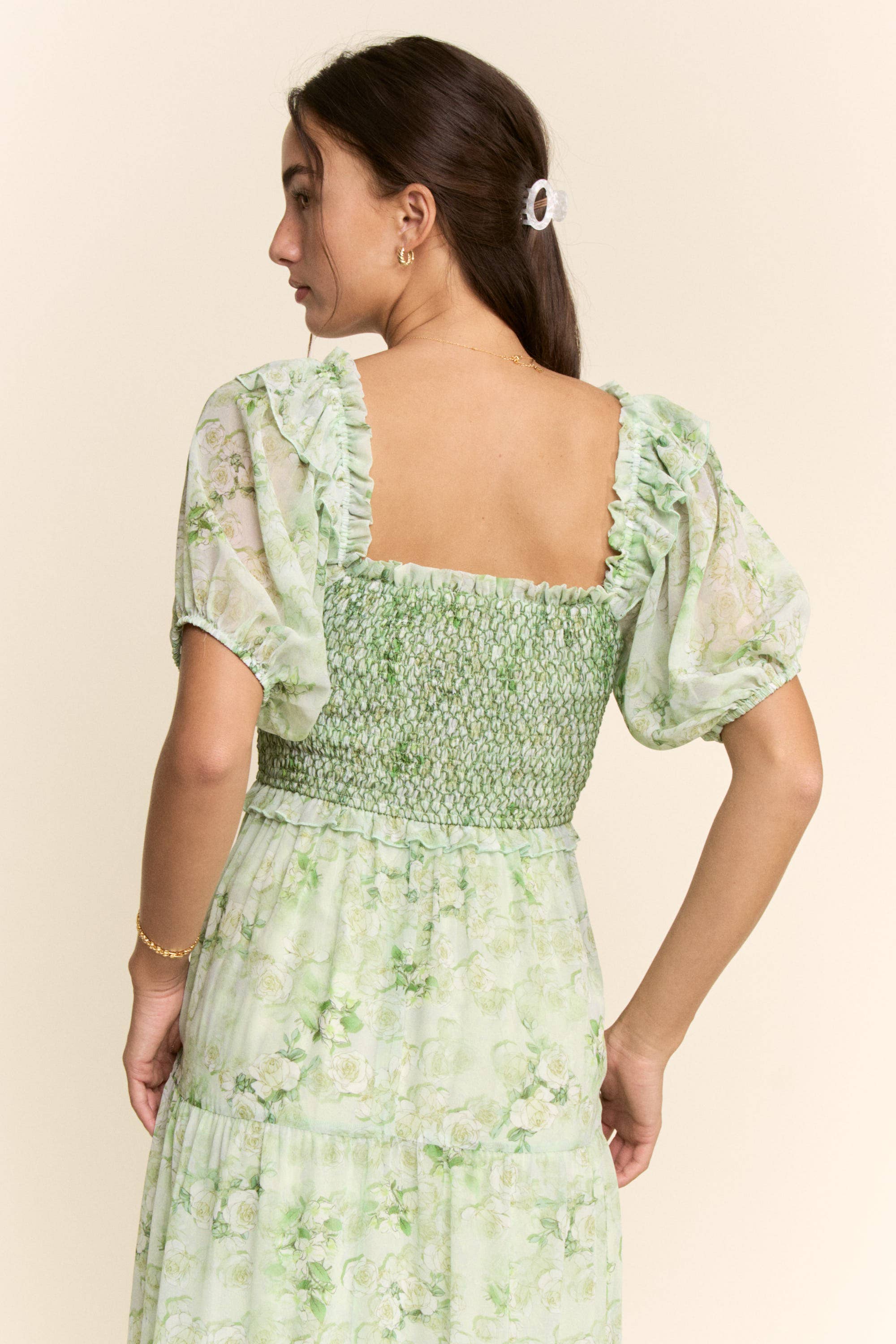 SMOCKED SQUARE NECK TIERED FLORAL MAXI DRESS