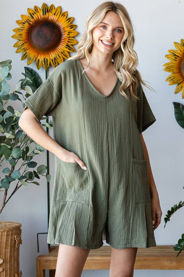 V-Neckline Pleated Detail Women's Romper R5538