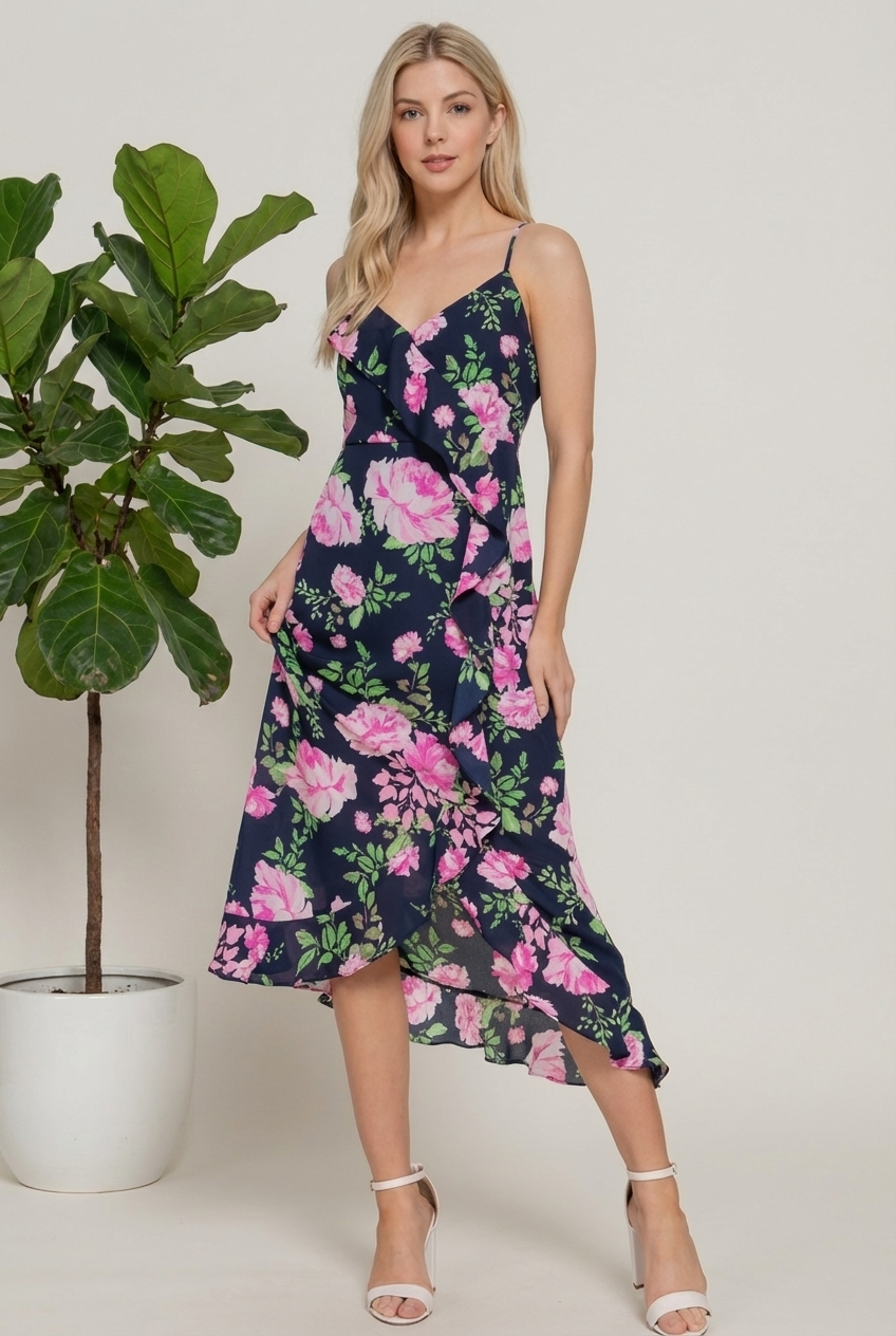.0109 Floral Print Ruffle Slip Midi Dress SI-27939
