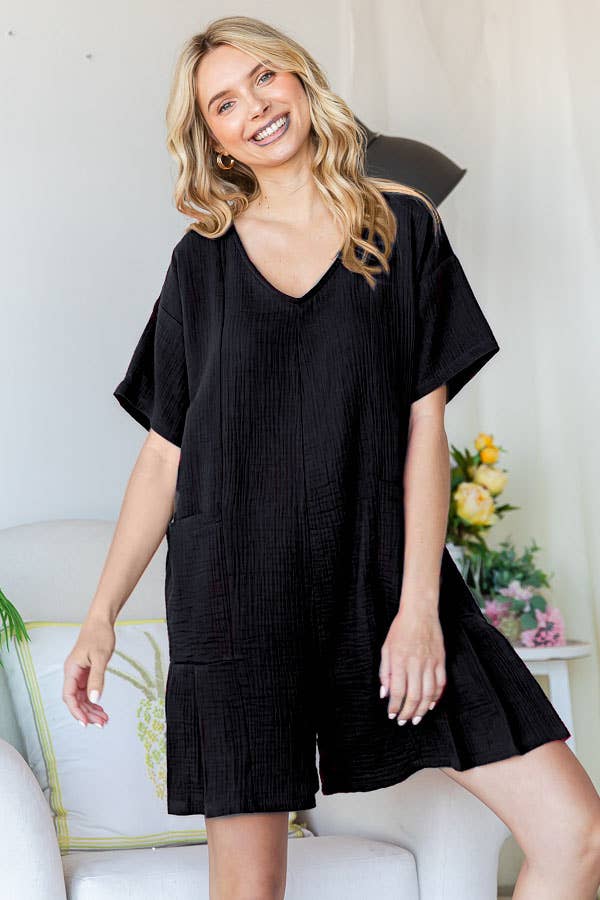 V-Neckline Pleated Detail Women's Romper R5538