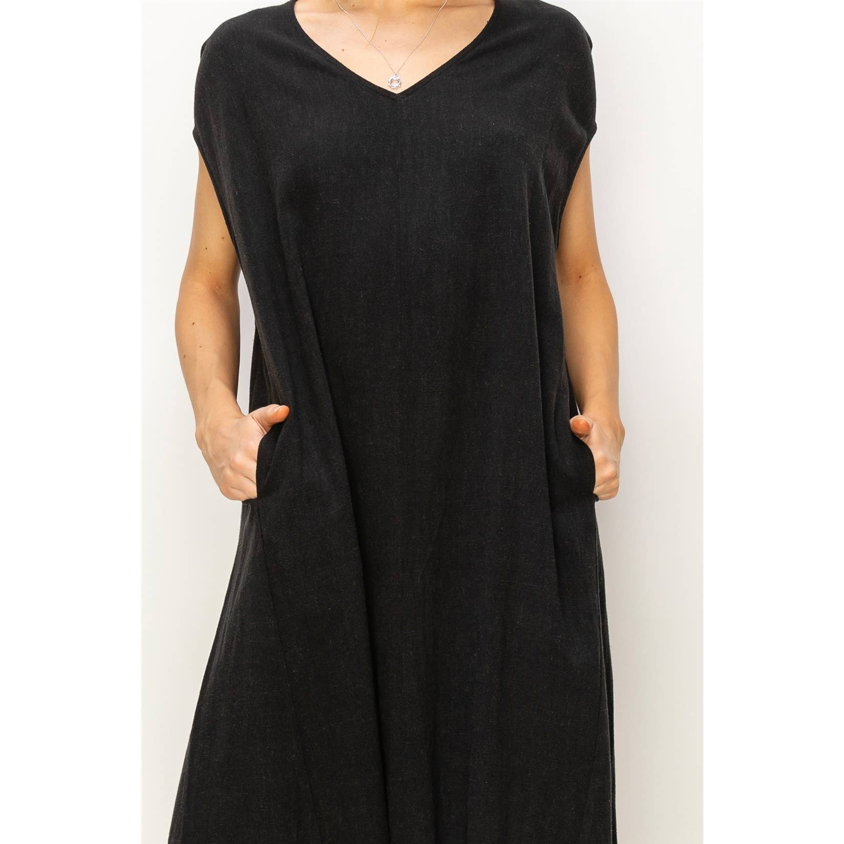 V-Neck Oversized Linen Midi Dress
