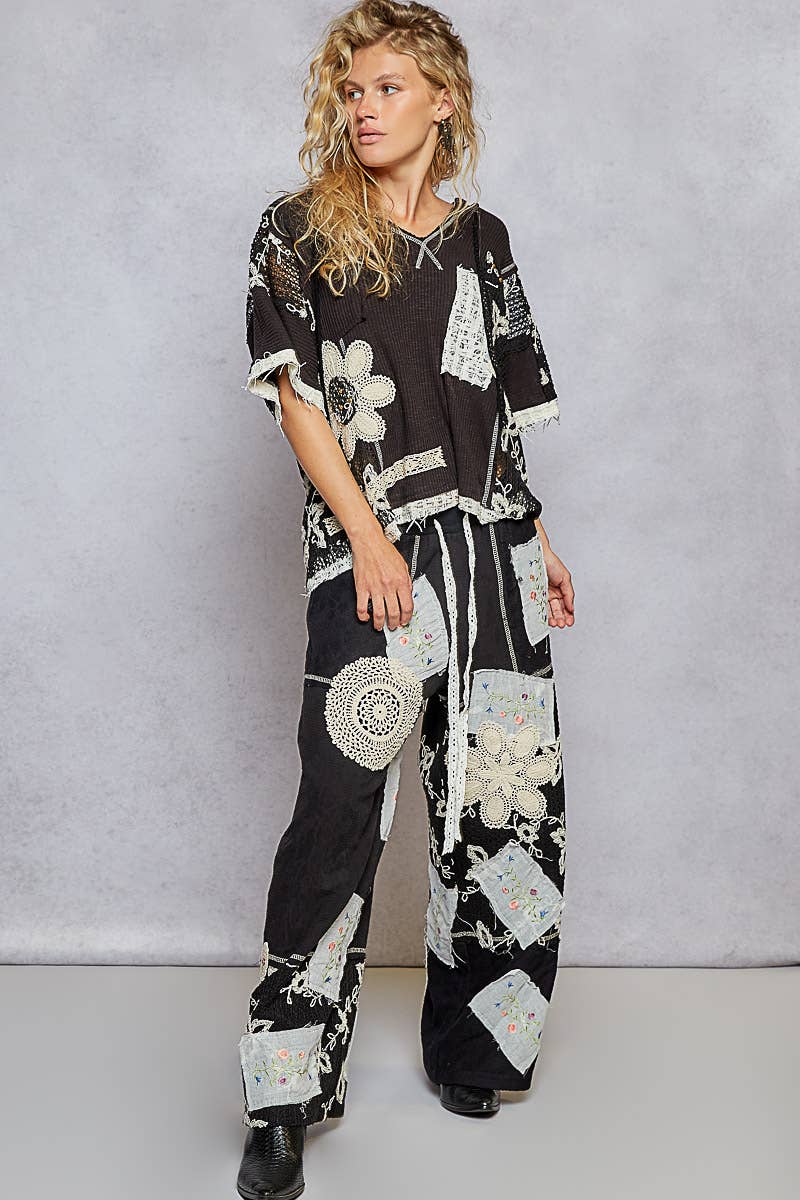 Solid Lace Patch Detail Woven Pants